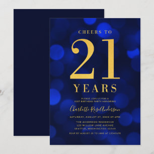 Convite Blue Bokeh Dourado Cheers to 21 Anos de Festa de a