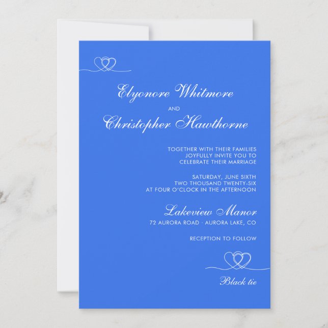 Convite Blue Bold Elegant Chic Calligraphy Wedding (Frente)