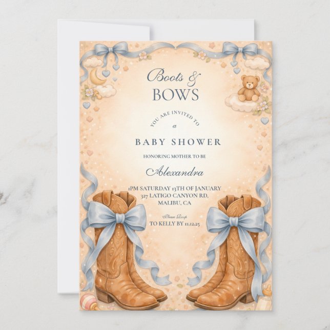 Convite Blue Boots And Bows Boy Baby Shower (Frente)