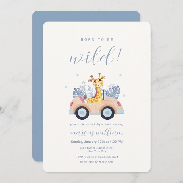 Convite Blue Born To Be Wild Safari Giraffe Baby Shower (Frente/Verso)