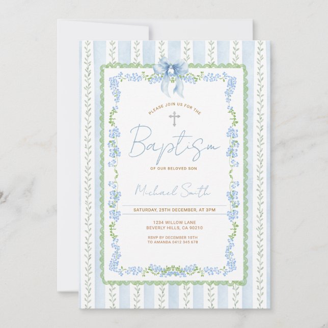 Convite Blue Botanical Baptism Invitation Boy Christening (Frente)