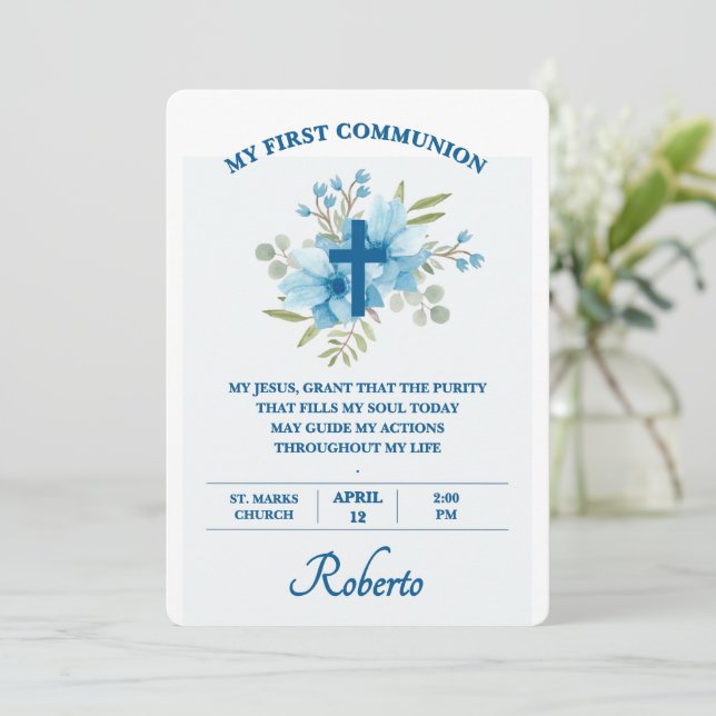 Convite Blue Botanical Cross First Holy Communion  (Em pé/Frente)