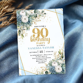 Convite Blue Botanical Gold Frame 90th Birthday Invite