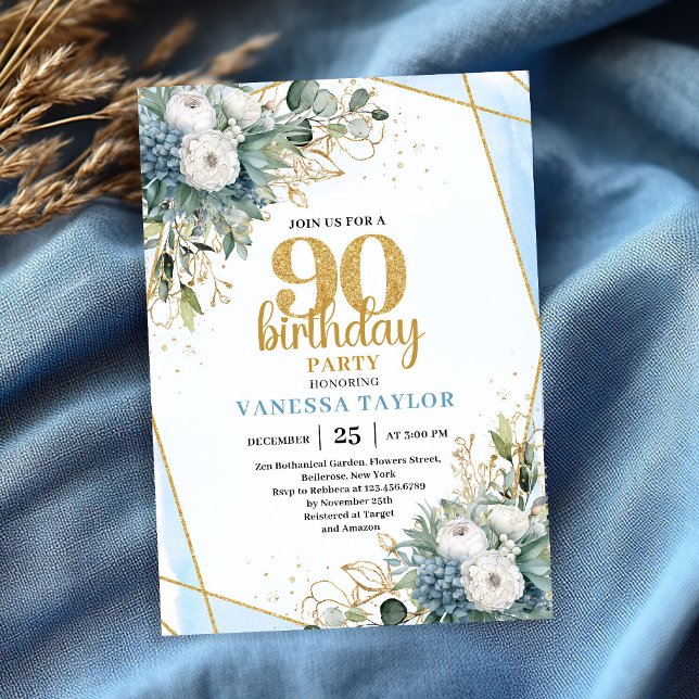Convite Blue Botanical Gold Frame 90th Birthday Invite (Blue Botanical Gold Frame 90th Birthday Invite)