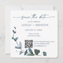 Convite Blue Botanical Leaf Save the Date w/QR Code+Image