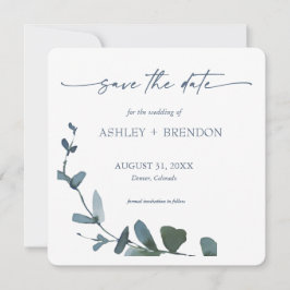Convite Blue Botanical Leaf Save the Date w/QR Code+Image