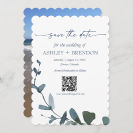 Convite Blue Botanical Leaf Save the Date w/QR + Image