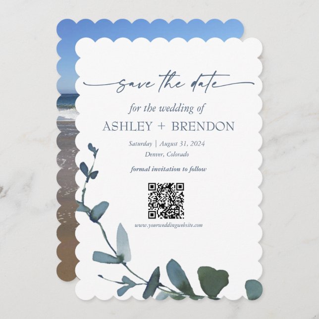 Convite Blue Botanical Leaf Save the Date w/QR + Image (Frente/Verso)