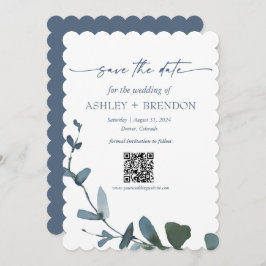 Convite Blue Botanical Leaf Save the Date w/QR + Image