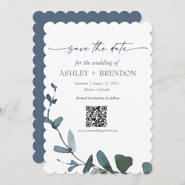 Convite Blue Botanical Leaf Save the Date w/QR + Image (Frente/Verso)