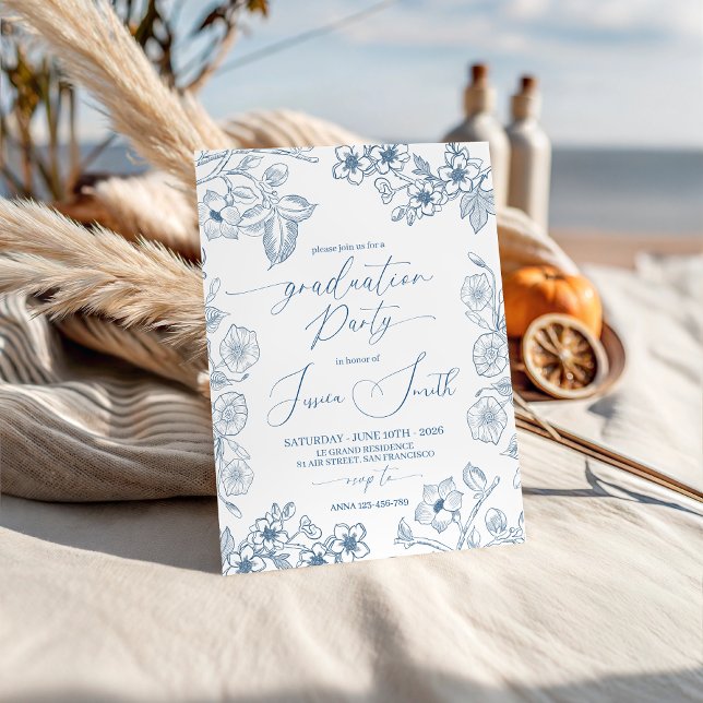 Convite Blue Botanical Line Art Graduation Invite (Criador carregado)