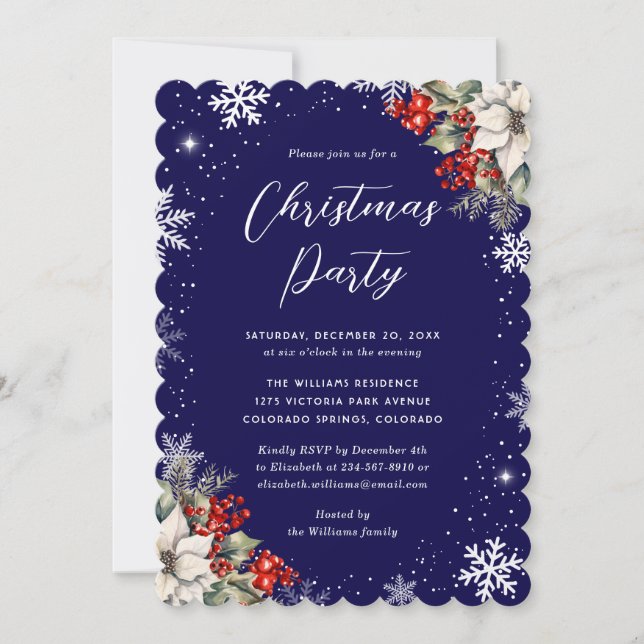 Convite Blue Botanical Snowflake Christmas Party (Frente)
