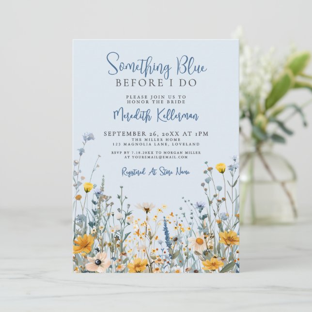 Convite Blue Botanical Wildflower Bridal Shower (Em pé/Frente)