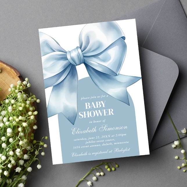 Convite Blue Bow Baby Boy Elegant Baby Shower (Blue Bow Baby Boy Elegant Baby Shower Invitation)