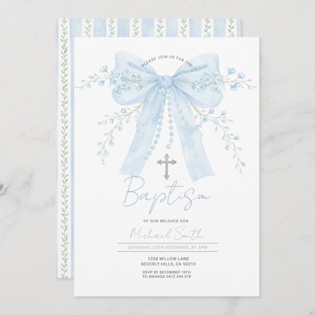 Convite Blue Bow Baptism Boy Christening with Cross (Frente/Verso)