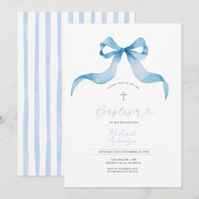 Convite Blue Bow Baptism Invitation Baby Boy Baptism  (Frente/Verso)