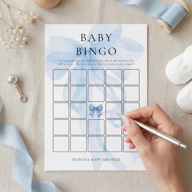 Convite Blue Bow Bingo Baby Shower Game Card (Criador carregado)