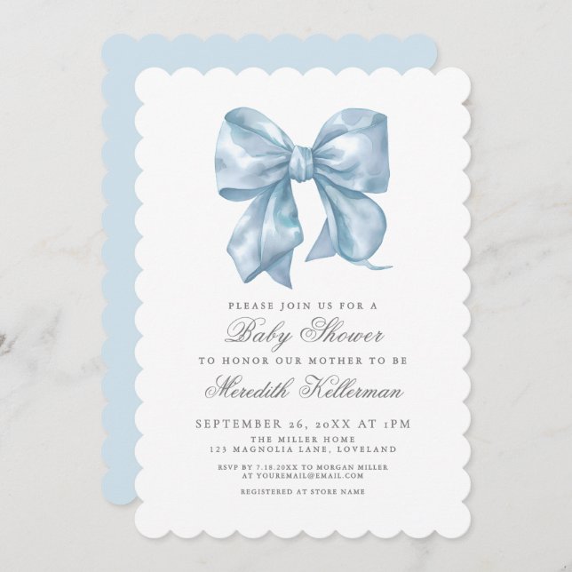 Convite Blue Bow Boy Baby Shower (Frente/Verso)