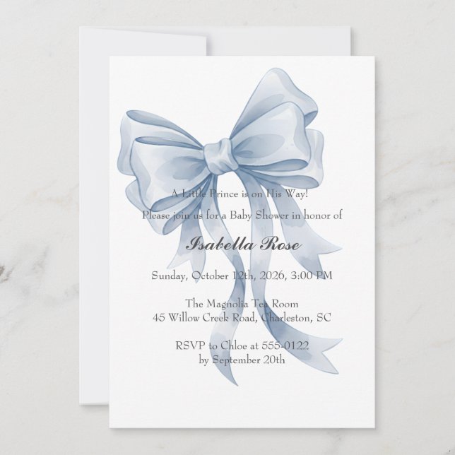 Convite Blue Bow Boy Baby Shower Invitation Coquette (Frente)