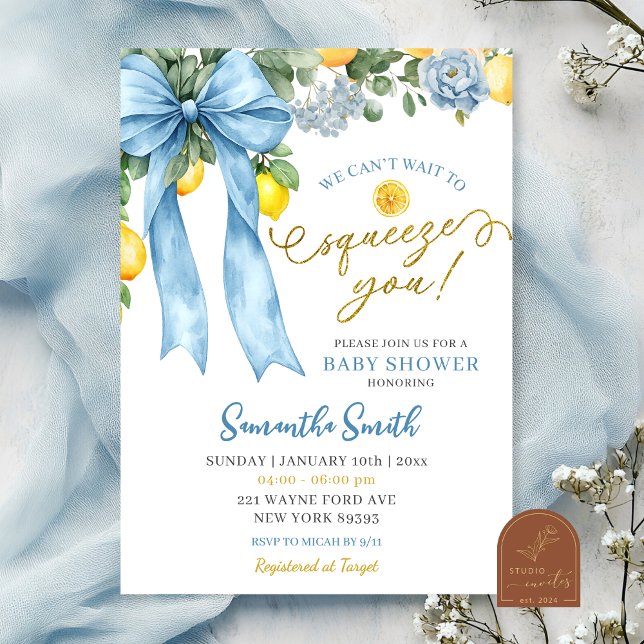 Convite Blue Bow Can't Wait to Squeeze You Baby Shower (Criador carregado)