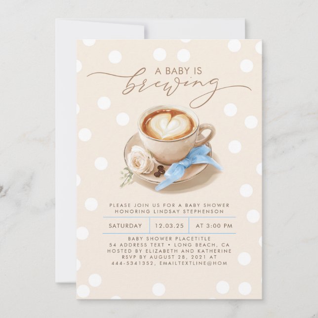Convite Blue Bow Coffee Baby Is Brewing Boy Baby Shower (Frente)