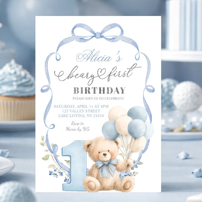 Convite Blue Bow Coquette Beary First Birthday (Criador carregado)