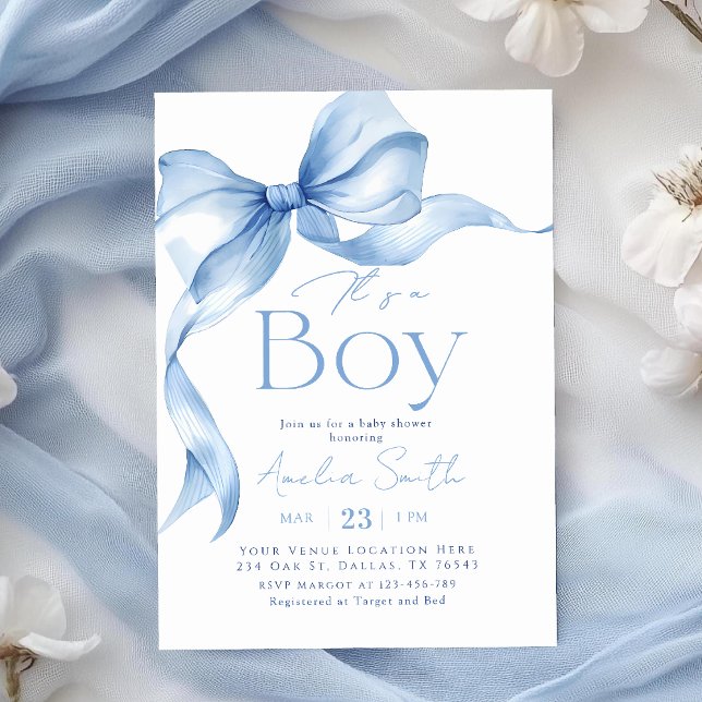 Convite Blue Bow Coquette Boy Baby Shower (Criador carregado)