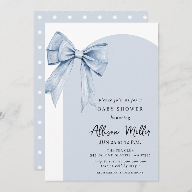 Convite Blue Bow Coquette Boy Baby Shower  (Frente/Verso)