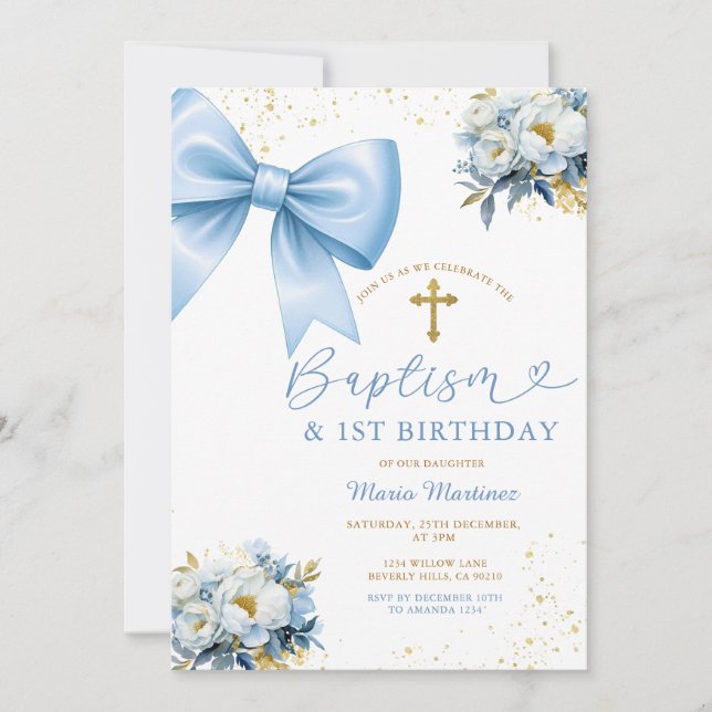Convite Blue Bow Coquette Girl Baptism and Birthday Floral (Frente)