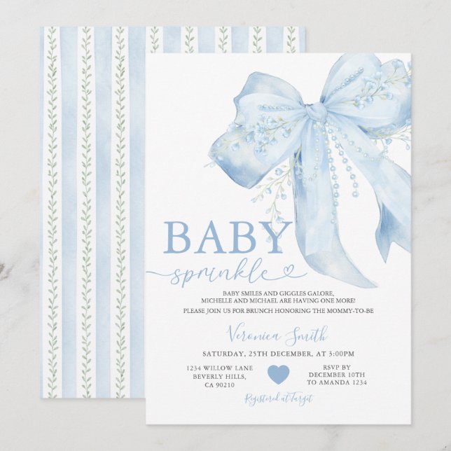 Convite Blue Bow Cute Pearls Coquette Baby Shower (Frente/Verso)
