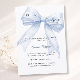 Convite Blue bow elegant pearls boy Baby Shower