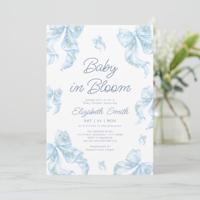 Convite Blue Bow Floral Baby in Bloom Baby Shower (Em pé/Frente)