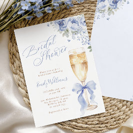 Convite Blue Bow Floral Champagne Bridal Shower Invitation