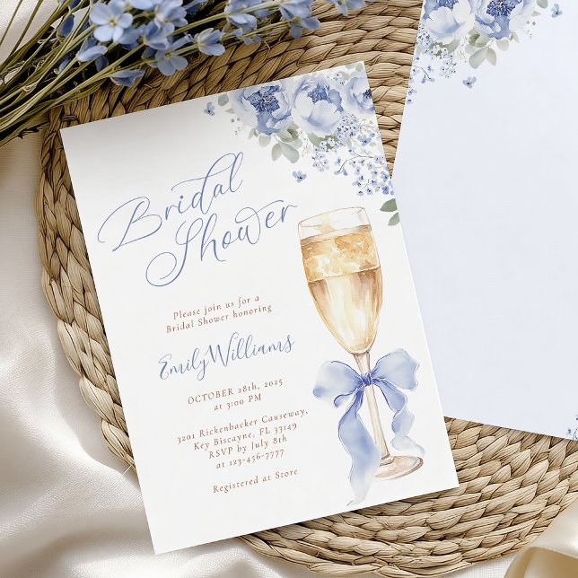 Convite Blue Bow Floral Champagne Bridal Shower Invitation (Criador carregado)