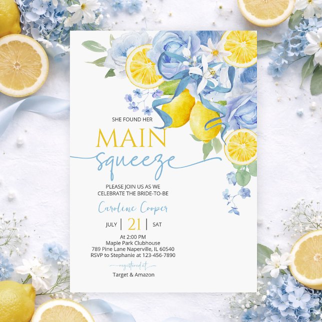 Convite Blue Bow Floral Lemon Bridal Shower Invitation (Criador carregado)