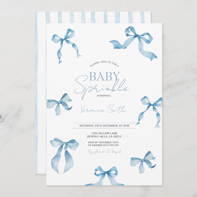 Convite Blue Bow Modern Baby Sprinkle (Frente/Verso)