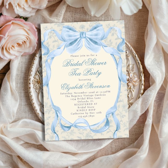 Convite Blue Bow Regency Garden Tea Party Bridal Shower  (Criador carregado)