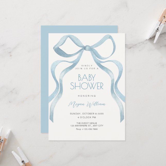 Convite Blue Bow ribbon baby shower (Frente/Verso In Situ)