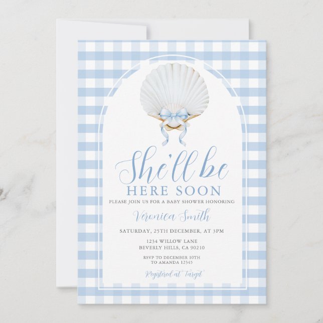 Convite Blue Bow She'll Be Here Soon Sea Shell Baby Shower (Frente)