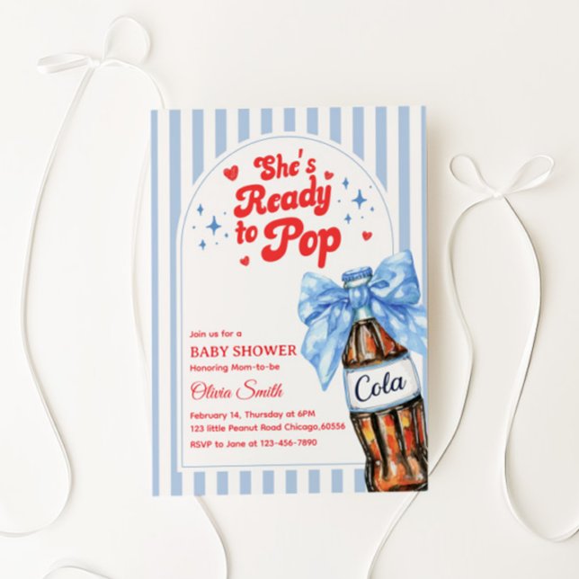 Convite Blue Bow She's Ready to Pop Baby Shower Invitation (Criador carregado)