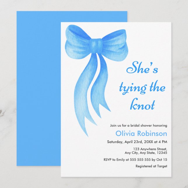 Convite Blue Bow She's Tying the Knot Bridal Shower  (Frente/Verso)