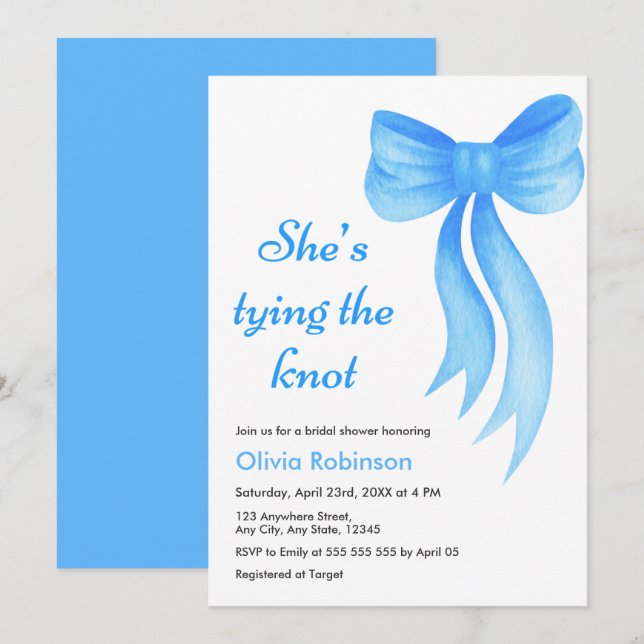 Convite Blue Bow She's Tying the Knot Bridal Shower  (Frente/Verso)