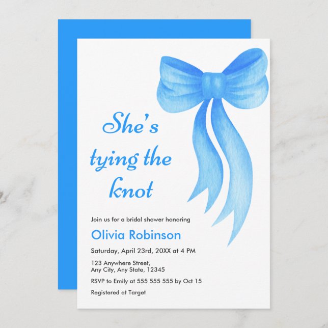 Convite Blue Bow She's Tying the Knot Bridal Shower  (Frente/Verso)