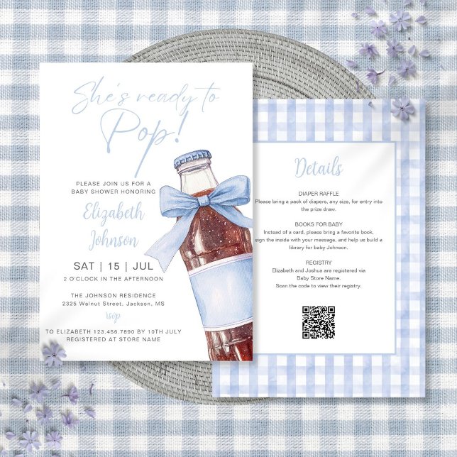 Convite Blue Bow Soda Bottle Baby Shower All In One (Blue Bow Soda Bottle Baby Shower All In One Invitation)