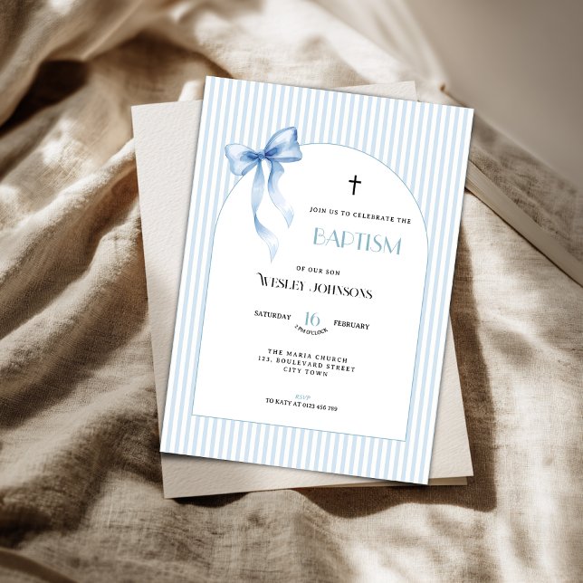 Convite Blue Bow Striped Baptism Invitation for Boys (Blue pink baptism invitation for boys)
