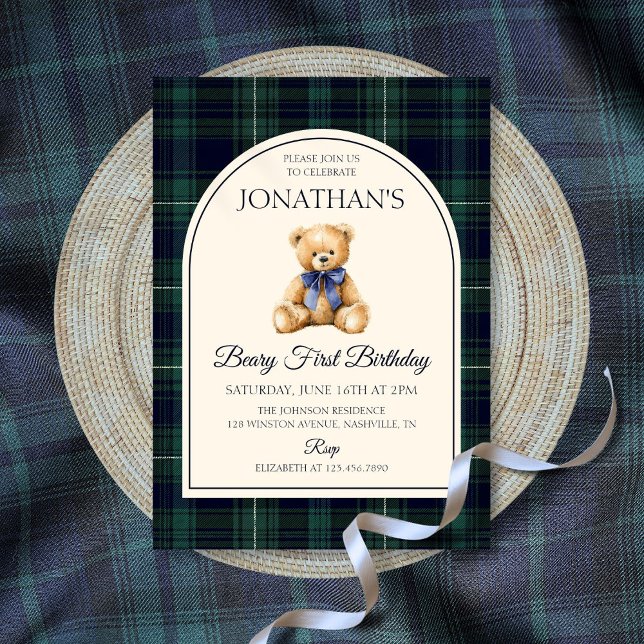 Convite Blue Bow Teddy Bear Tartan Birthday (Blue Bow Teddy Bear Tartan Birthday Invitation)