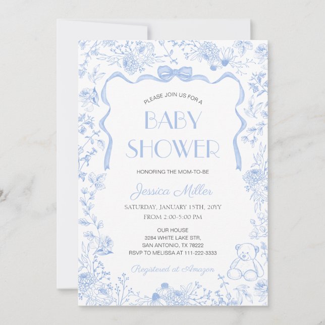 Convite Blue Bow Toile De Jouy Boy Baby Shower (Frente)