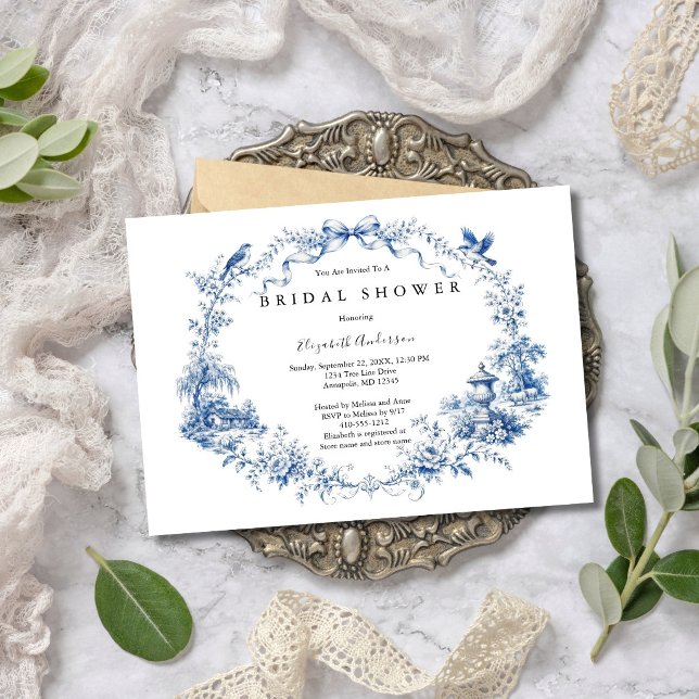 Convite Blue Bow Toile Garden Bridal Shower  (Blue Bow Blue White Toile Watercolor Florals Bridal Shower Invitation. Printed or Digital)