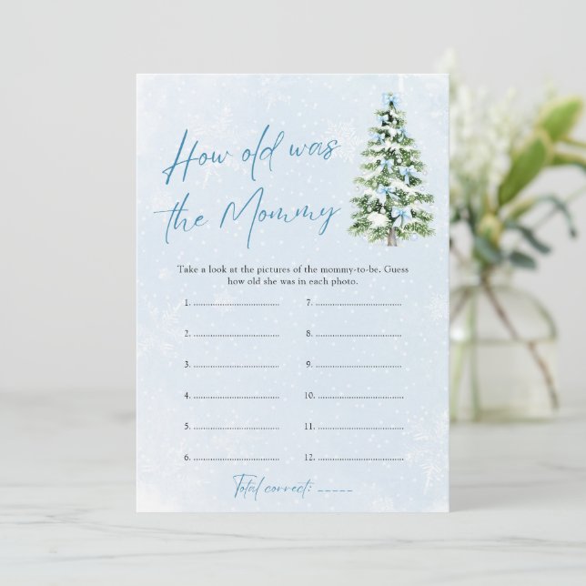 Convite Blue Bows Christmas Baby How Old Was Mommy Game (Em pé/Frente)