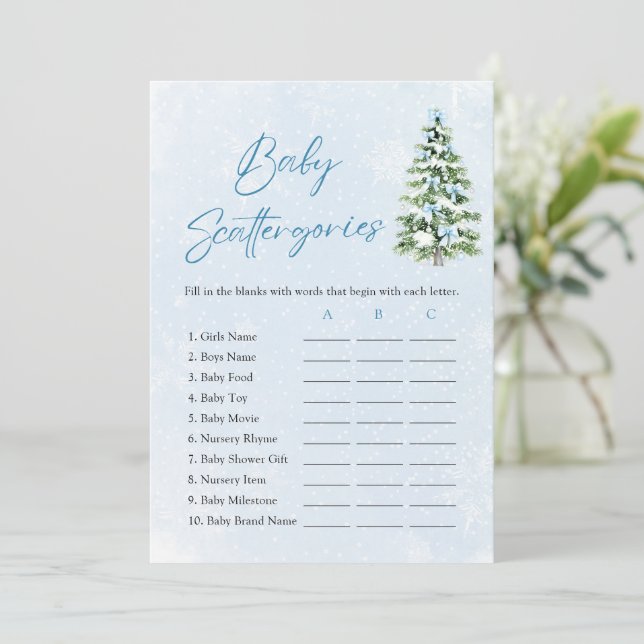 Convite Blue Bows Christmas Baby Shower Scattergories Game (Em pé/Frente)